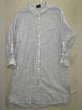 Love By Chesley Shirt Dress Size 1X Blue White Roll Tab Sleeves Button Up